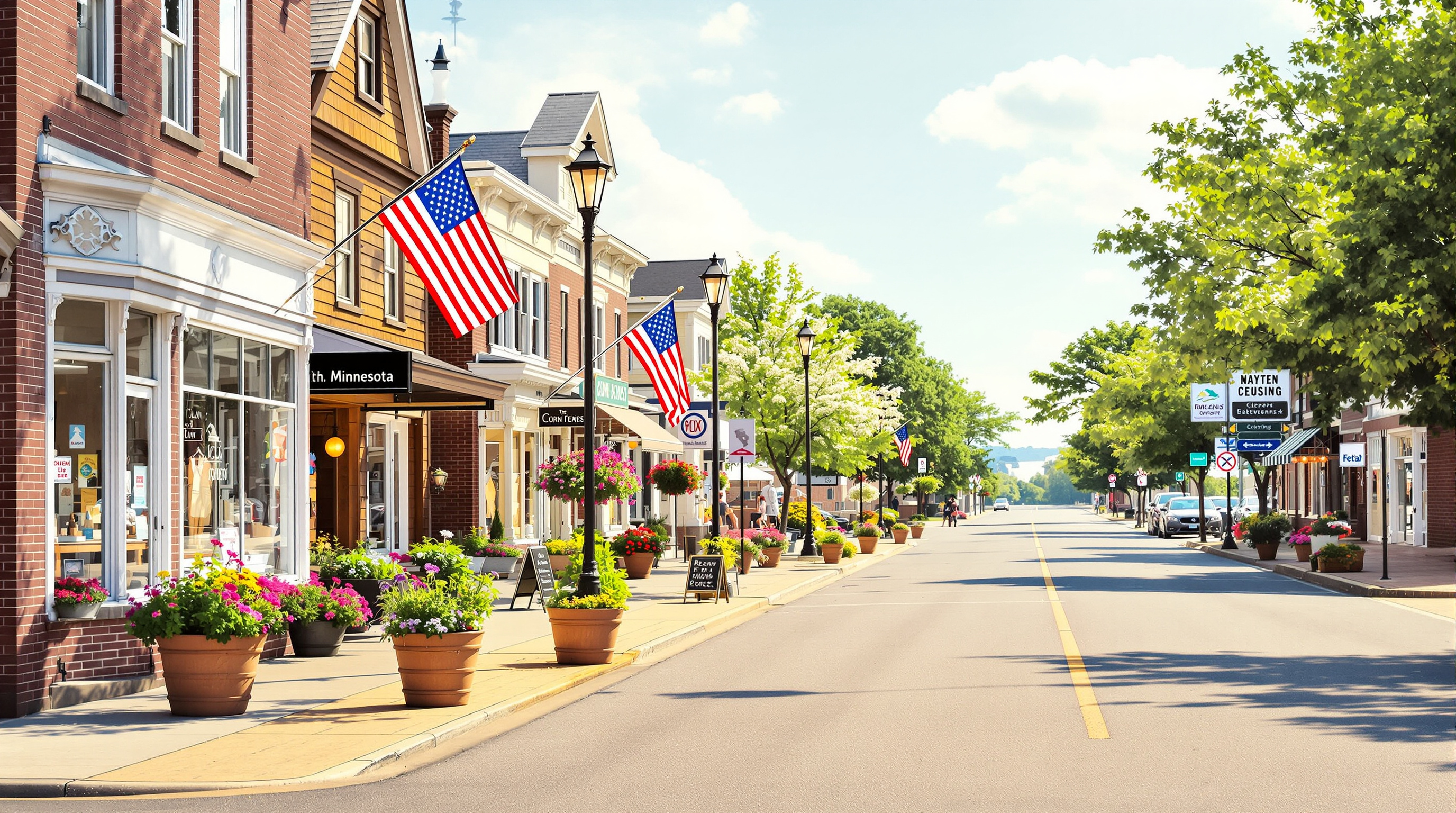 Quiet small-town main street representing the Rice Minnesota community