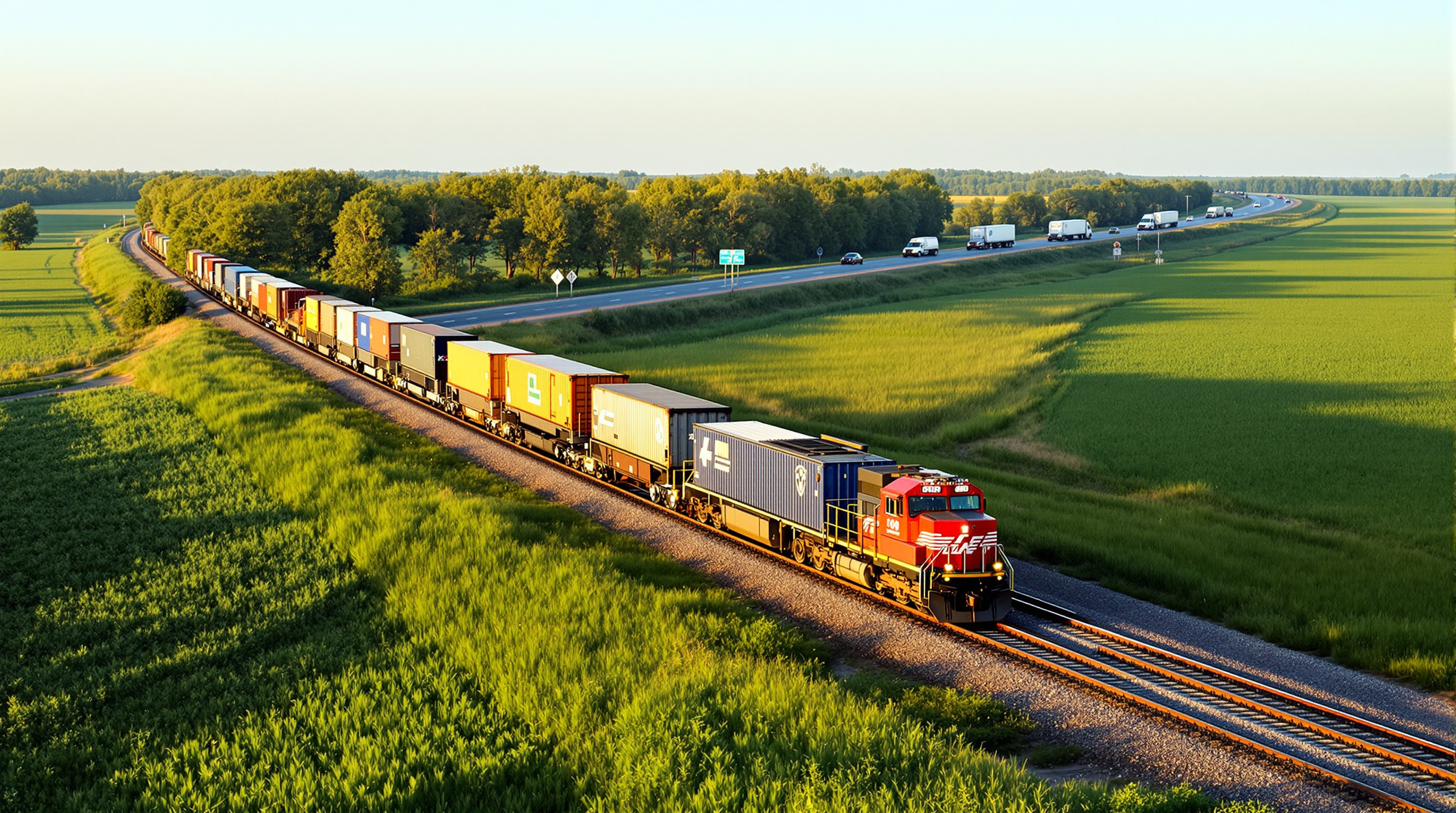 Freight train on the rail mainline near Rice Minnesota